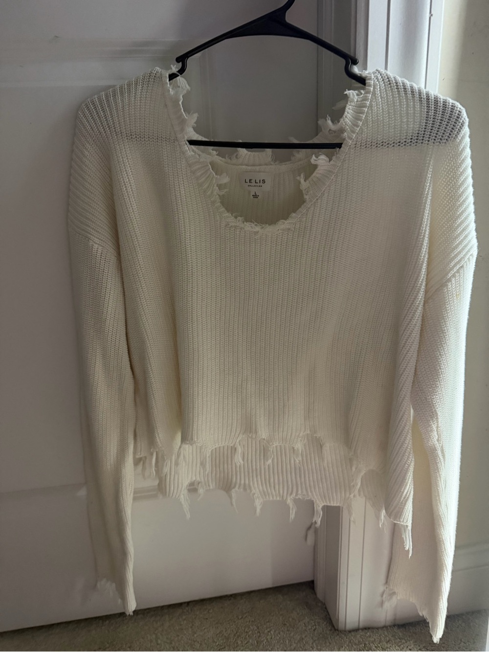 Le Lis Cream Distressed Ribbed Crewneck Sweater